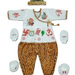 ABTER Traditional Indian Baby Dress Set with Crown, Religious Symbols Print, White and yellow, 4 Piece