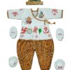 ABTER Traditional Indian Baby Dress Set with Crown, Religious Symbols Print, White and yellow, 4 Piece