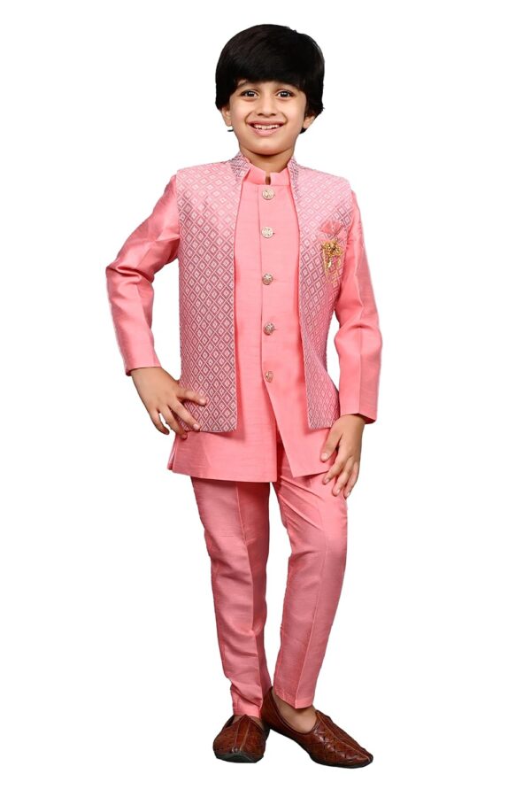 AHHAAAA Kids Indian Ethnic Silk Blend Waistcoat Kurta Pyjama Set Traditional Bollywood Style Wedding Sherwani for Boys