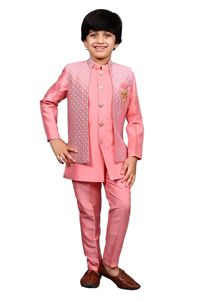 AHHAAAA Kids Indian Ethnic Silk Blend Waistcoat Kurta Pyjama Set Traditional Bollywood Style Wedding Sherwani for Boys