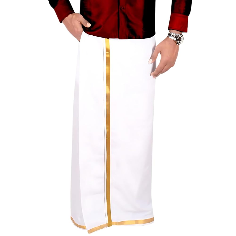 All Size Adjustable Mens traditional White Cotton Pocket Dhoti with Gold Zari Border (28 to 44 Inches)