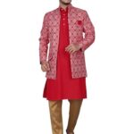 Amzira Men's Jacquard Casual Regular Printed Full Sleeve Knee Length Kurta Pyjama With Long Koti Jacket/Waistcoat 3 Piece Ethnic Wear Set