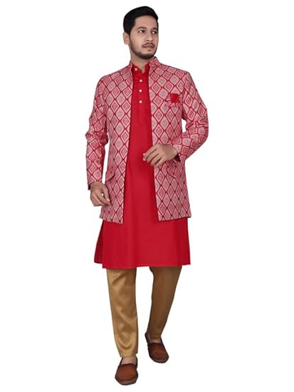Amzira Men's Jacquard Casual Regular Printed Full Sleeve Knee Length Kurta Pyjama With Long Koti Jacket/Waistcoat 3 Piece Ethnic Wear Set
