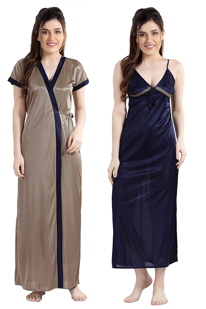 AV2 Women's Satin Solid Knee Length Nighty with Robe