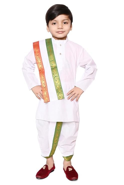 Baby Boys Full Sleeves Soft Premium Cotton Kids Dhoti Kurta With Dupatta Kids Ethnic Wear Pure Cotton Dhoti Kurta Set For Boys - Traditional Dress for South indian Dhoti Kurta