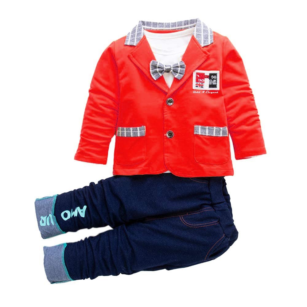 Bold N Elegant Solid Full Sleeve Jacket Coat Blazer with T-Shirt and Denim Blue Trouser Pant 3 Pc Party Suit Set for Little Boys