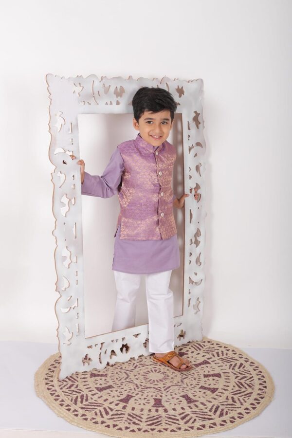 Boy's Cotton Cottton Kurta With Golden Thread Work Nehru Jacket And Elastic Closure Pyjama Set-Purple