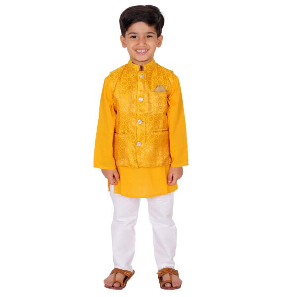 Boy's Cotton Cottton Kurta With Golden Thread Work Nehru Jacket And Elastic Closure Pyjama Set-Yellow