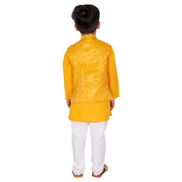 Boy's Cotton Cottton Kurta With Golden Thread Work Nehru Jacket And Elastic Closure Pyjama Set-Yellow