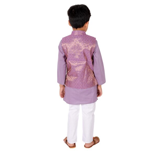 Boy's Cotton Cottton Kurta With Golden Thread Work Nehru Jacket And Elastic Closure Pyjama Set-Purple