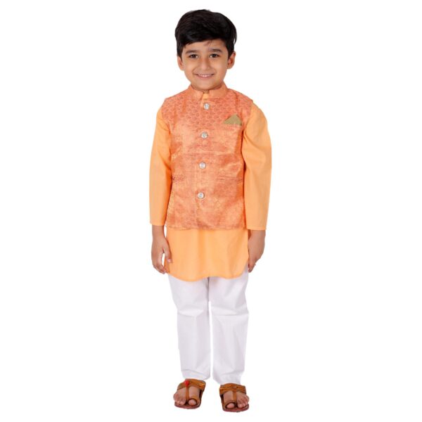 Boy's Cotton Cottton Kurta With Golden Thread Work Nehru Jacket And Elastic Closure Pyjama Set-Red