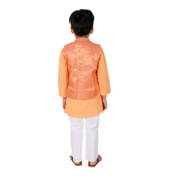 Boy's Cotton Cottton Kurta With Golden Thread Work Nehru Jacket And Elastic Closure Pyjama Set-Red