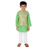 Boy's Cotton Cottton Kurta With Golden Thread Work Nehru Jacket And Elastic Closure Pyjama Set-Green
