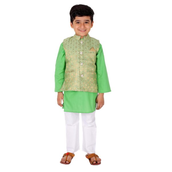 Boy's Cotton Cottton Kurta With Golden Thread Work Nehru Jacket And Elastic Closure Pyjama Set-Green