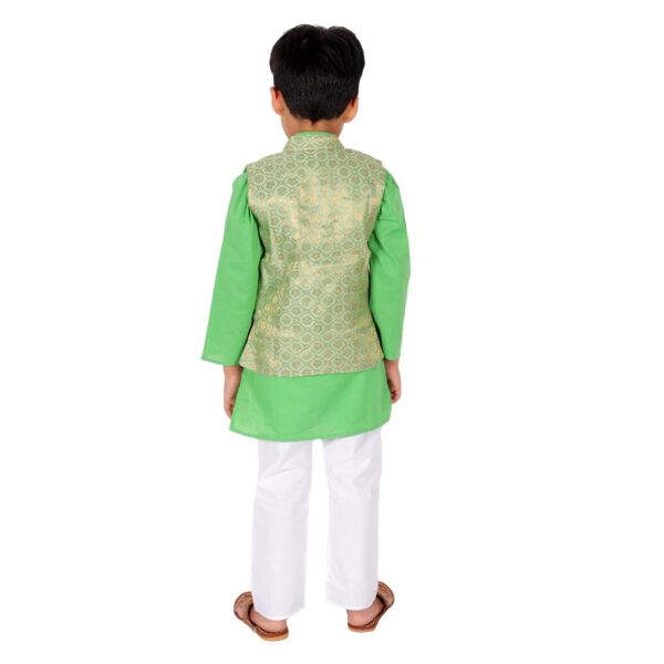 Boy's Cotton Cottton Kurta With Golden Thread Work Nehru Jacket And Elastic Closure Pyjama Set-Green