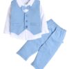 BUMZEE Powder Blue & White Boys Full Sleeves Shirt Waistcoat & Pant Set With Applique Bow (Peb9069)