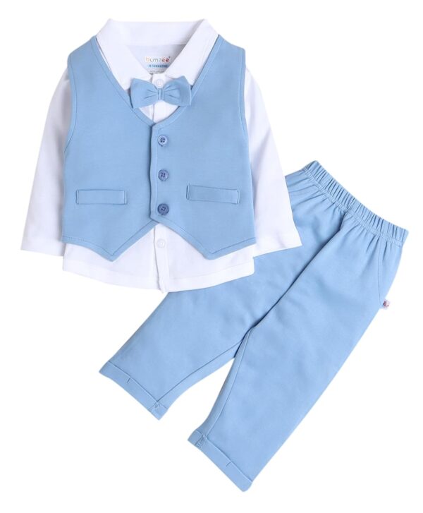 BUMZEE Powder Blue & White Boys Full Sleeves Shirt Waistcoat & Pant Set With Applique Bow (Peb9069)