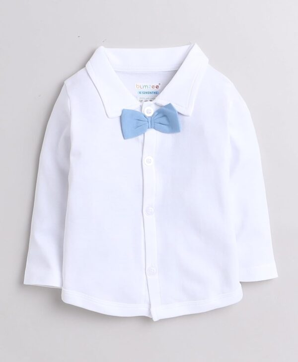 BUMZEE Powder Blue & White Boys Full Sleeves Shirt Waistcoat & Pant Set With Applique Bow (Peb9069)
