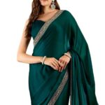 CB-COLEBROOK Women's Soft Satin Saree with Embroidered Sequin Border With Blouse Piece, Traditional Indian Ethnic Wear, Party, Wedding Sarees For Womens