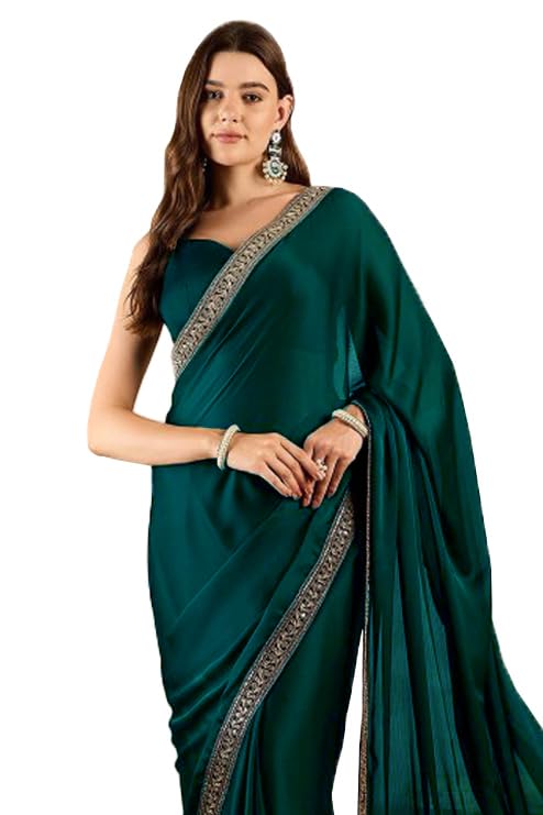 CB-COLEBROOK Women's Soft Satin Saree with Embroidered Sequin Border With Blouse Piece, Traditional Indian Ethnic Wear, Party, Wedding Sarees For Womens