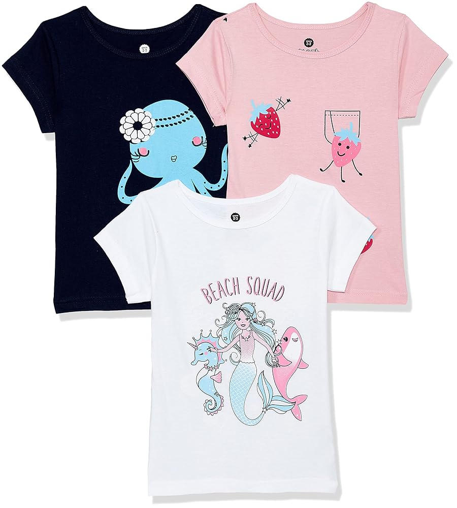 Clotth Theory Girls Super Combed Cotton Regular Fit Round Neck Printed Short Sleeve Tshirt -Combo Pack of 3