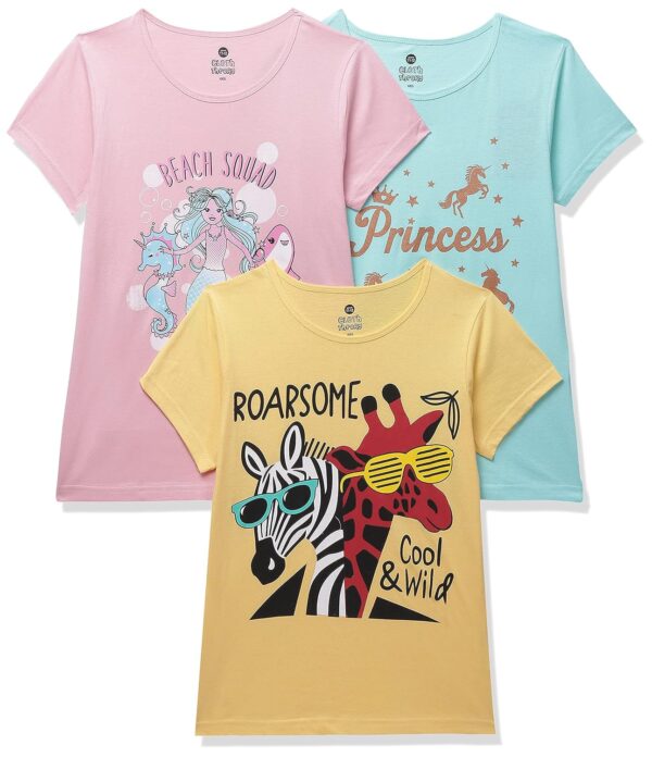 Clotth Theory Girls Super Combed Cotton Regular Fit Round Neck Printed Short Sleeve Tshirt -Combo Pack of 3