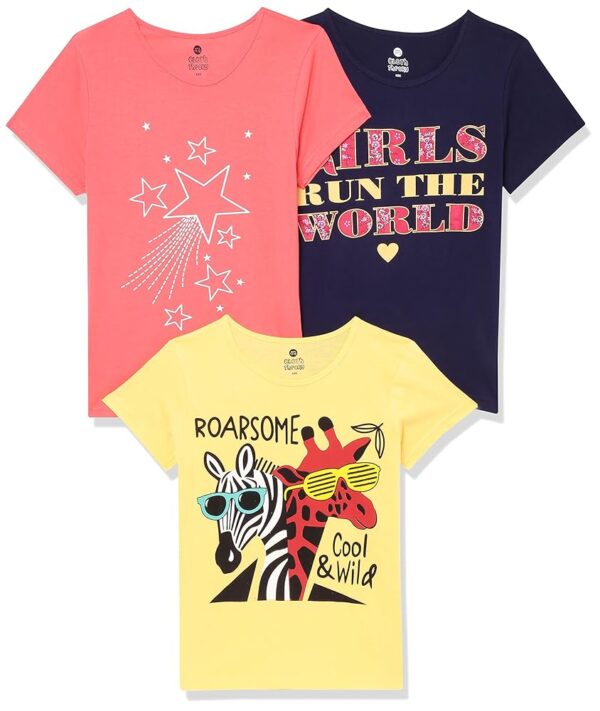 Clotth Theory Girls Super Combed Cotton Regular Fit Round Neck Printed Short Sleeve Tshirt -Combo Pack of 3