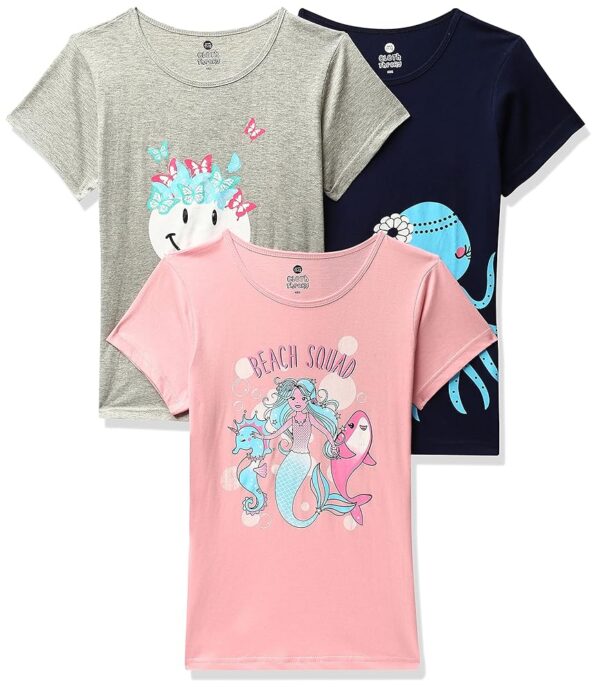Clotth Theory Girls Super Combed Cotton Regular Fit Round Neck Printed Short Sleeve Tshirt -Combo Pack of 3