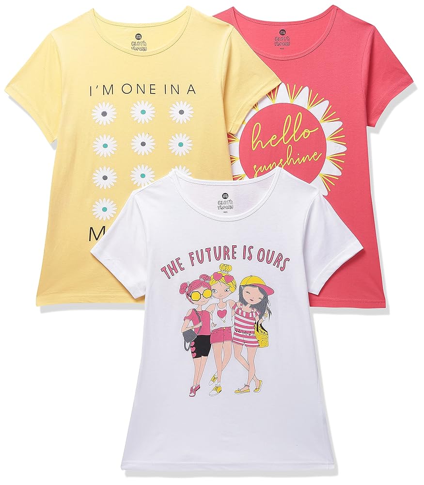 Clotth Theory Girls Super Combed Cotton Regular Fit Round Neck Printed Short Sleeve Tshirt -Combo Pack of 3