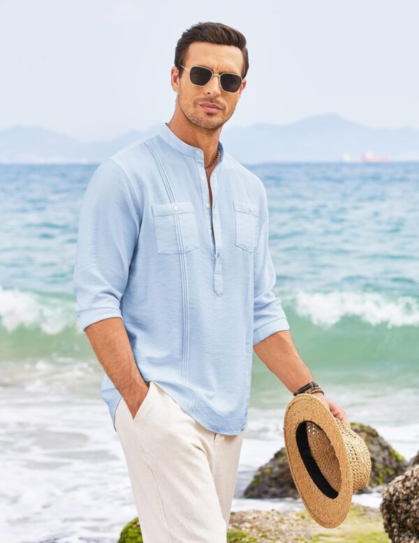 Cotton Blend Solid Casual Short Kurta for Men Long Sleeve Mandarin Collar Stylish Shirt Kurta for Men