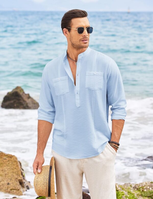 Cotton Blend Solid Casual Short Kurta for Men Long Sleeve Mandarin Collar Stylish Shirt Kurta for Men
