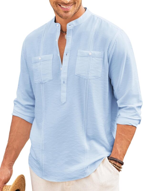Cotton Blend Solid Casual Short Kurta for Men Long Sleeve Mandarin Collar Stylish Shirt Kurta for Men
