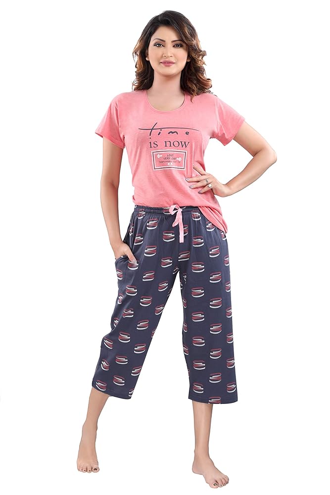 DZZO Cotton Night Suit for Women Girls | Women's Cotton T-Shirt & Striped Capri Set Pyjama Set Night Suit Sleepwear Nightwear Nightdress Loungewear for Women and Girls