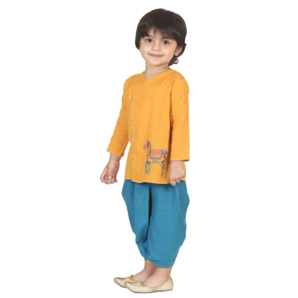 Ethnic Wear Cotton Kurta Dhoti Set for Boys, Front Open Horse Embroidered With Full Sleeves-Yellow