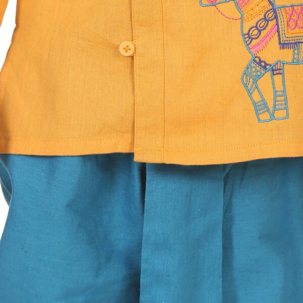 Ethnic Wear Cotton Kurta Dhoti Set for Boys, Front Open Horse Embroidered With Full Sleeves-Yellow