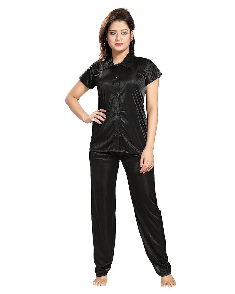 Fabme Women's Plain Satin Night Suit (Shirt and Pyjama) (Color Options) (Size - Small to XX-Large)