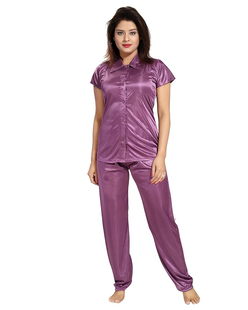 Fabme Women's Plain Satin Night Suit (Shirt and Pyjama) (Color Options) (Size - Small to XX-Large)
