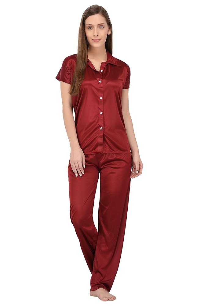 Fabme Women's Plain Satin Night Suit (Shirt and Pyjama) (Color Options) (Size - Small to XX-Large)