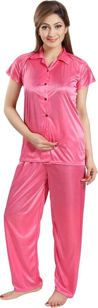 Fabme Women's Plain Satin Night Suit (Shirt and Pyjama) (Color Options) (Size - Small to XX-Large)
