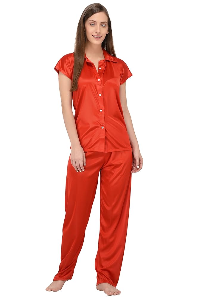 Fabme Women's Plain Satin Night Suit (Shirt and Pyjama) (Color Options) (Size - Small to XX-Large)