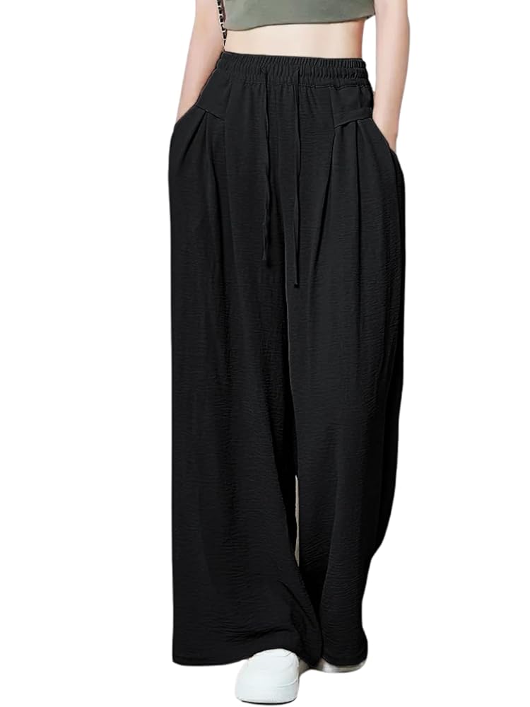 GRECIILOOKS Textured Trousers for Women | Women Loose Fit Trousers | Women's High-Waisted Pant | Women Trousers Pants | Korean Trousers for Women