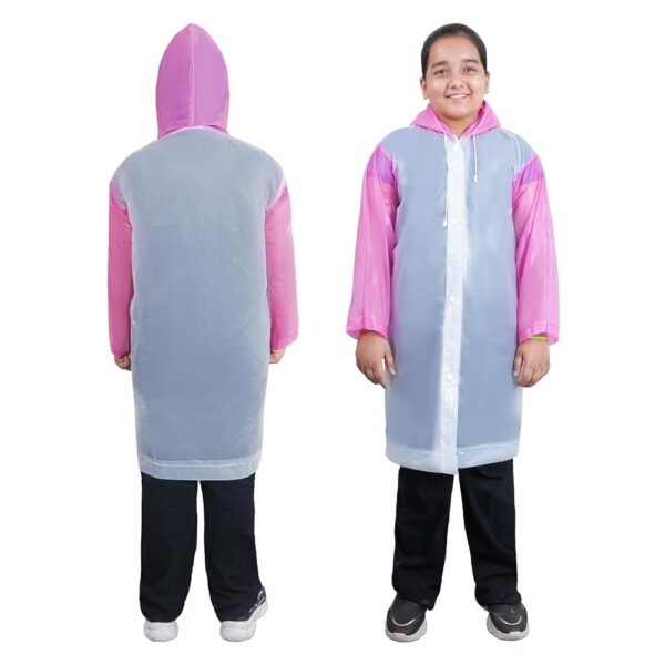 HACER EVA Kids Hooded Raincoat for 10 to 14 Years Water Resistant Full-Sleeve Poncho with Adjustable Hood Drawstring Full Length Rainwear Boys & Girls (1 Pc, Pink & White)