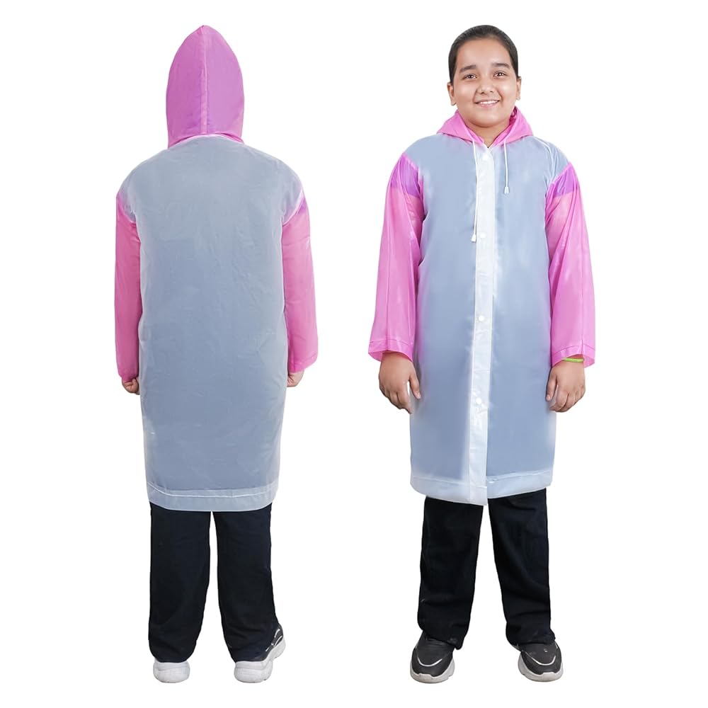 HACER EVA Kids Hooded Raincoat for 10 to 14 Years Water Resistant Full-Sleeve Poncho with Adjustable Hood Drawstring Full Length Rainwear Boys & Girls (1 Pc, Pink & White)