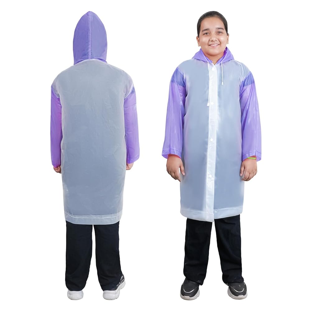 HACER EVA Raincoat for 10 to 14 Year Old Kids Children Water Resistant Rainsuit Adjustable Hood Drawstring Hem Rainwear (1 Pc, Purple & White)
