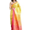Indian Pure Linen Yellow Saree With Sleek Border Stripes and Tassels For Women Includes Blouse Piece As Seen on Shark Tank India