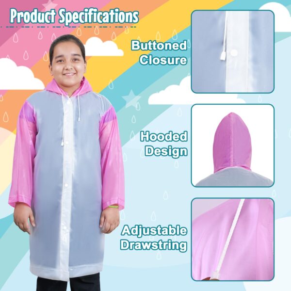 Kids Hooded Raincoat for 10 to 14 Years Water Resistant Full-Sleeve Poncho with Adjustable Hood Drawstring Full Length Rainwear Boys & Girls (1 Pc, Pink & White)