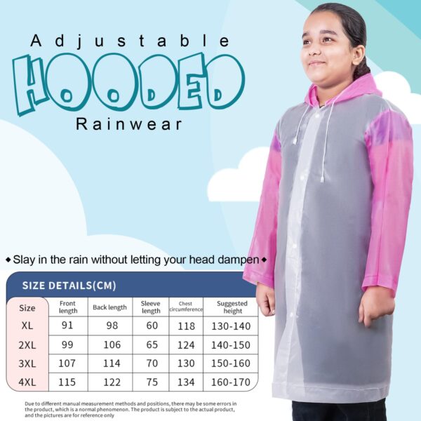 Kids Hooded Raincoat for 10 to 14 Years Water Resistant Full-Sleeve Poncho with Adjustable Hood Drawstring Full Length Rainwear Boys & Girls (1 Pc, Pink & White)