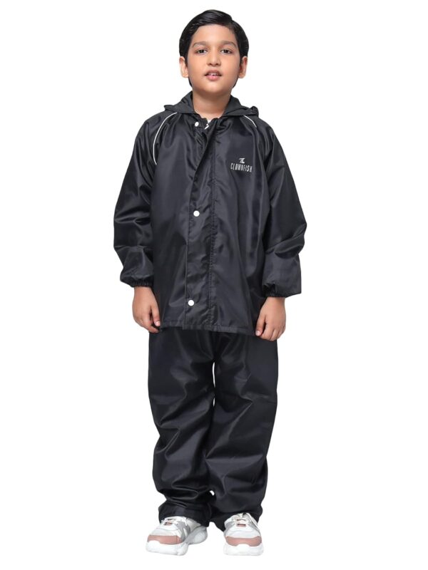 Kid's Waterproof Double Coating Reversible Standard Length Raincoat With Hood & Reflector Logo At Back, Top & Bottom Printed Plastic Pouch-002