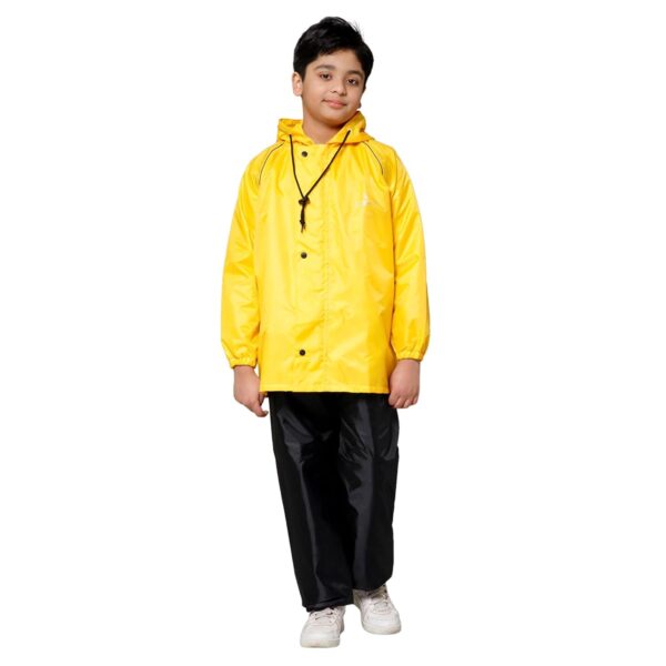 Kid's Waterproof Double Coating Reversible Standard Length Raincoat With Hood & Reflector Logo At Back, Top & Bottom Printed Plastic Pouch-006