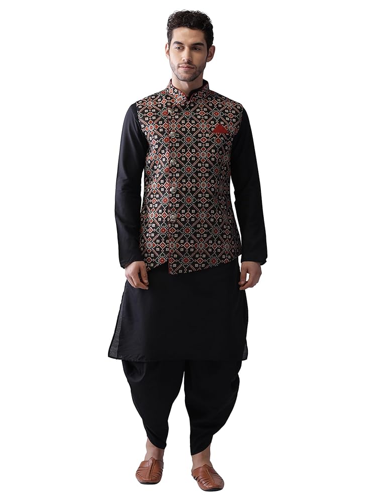 KISAH Men Multi Printed Kurta Nehru Jacket Dhoti Set | Traditional Indian Outfit for Men
